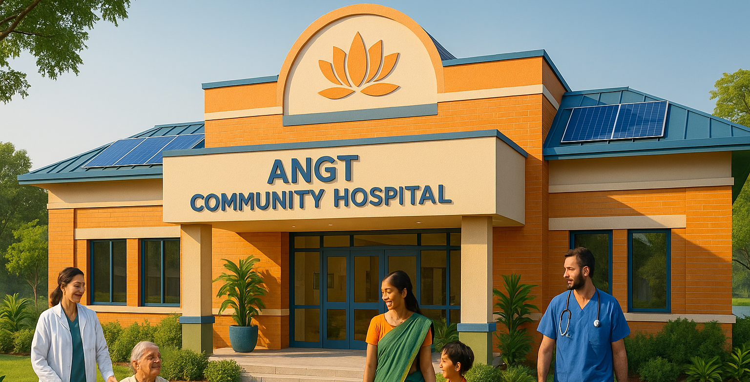 ANGT Community Hospital — welcoming entrance with lotus emblem and green campus