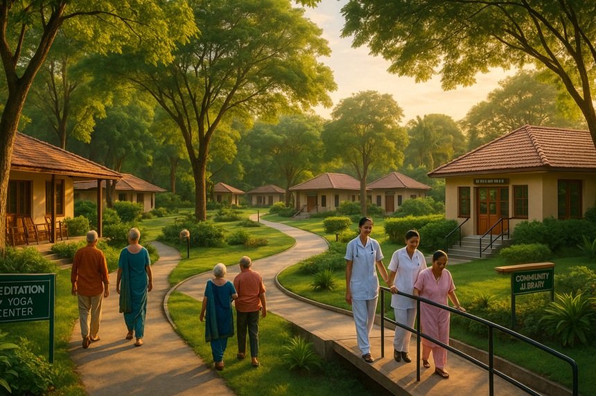 Green, serene campus with accessible walkways and community spaces