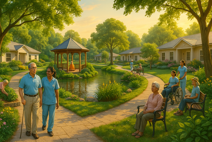Green, nature-rich senior community campus with walking paths and water features